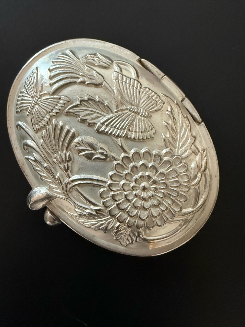 Ornate Silver Floral & Butterfly Compact Mirror